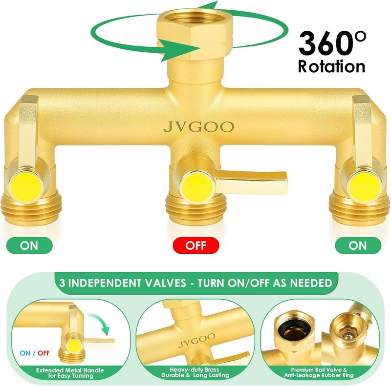 Jvgoo موزع خرطوم الحديقة، موزع خرطوم نحاسي 3 طرق، موزع خرطوم ماء 3/4" 3 طرق ثقيل مع صمام إغلاق معدني ومقبض تمديد، موزع صنبور خارجي، موزع مياه - Image 3